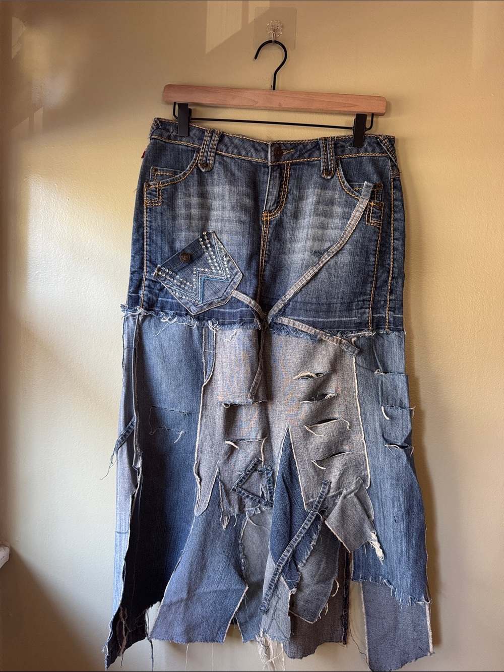 Tyte Jeans Distressed Blue Patchwork Denim Maxi Skirt